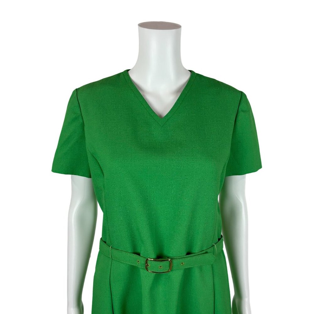 Vintage 70s Shift Dress Women's Large Solid Green V-Neck Belted Kangaroo Pockets - Picture 4 of 11